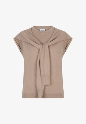 Haut en maille beige à manches courtes avec un détail de lien. Il présente un col rond et un ourlet côtelé. Texture douce avec une coupe décontractée.