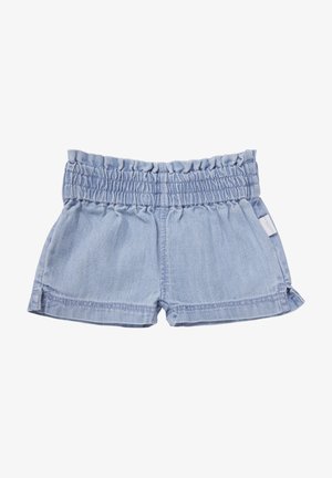 Shorts pour tout-petit bleu clair avec taille élastique et petite étiquette latérale, confectionnés en tissu doux et léger.