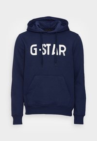 Námořnické modré mikina s kapucí, která má přední klokankovou kapsu, bílé logo "G-STAR" a šňůrky na kapuci s žebrovanými manžetami a spodním lemem.