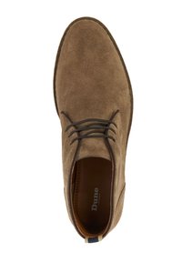 Brown suede ankle boots featuring a rounded toe, lace-up design, and a textured upper. Brown interior lining with logo detail.
