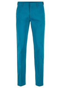 Tyrkysové kalhoty s rovno střihem, z bavlněného materiálu, s plochým předním dílem a dvěma bočními kapsami. Mají pas s poutky na pásek.