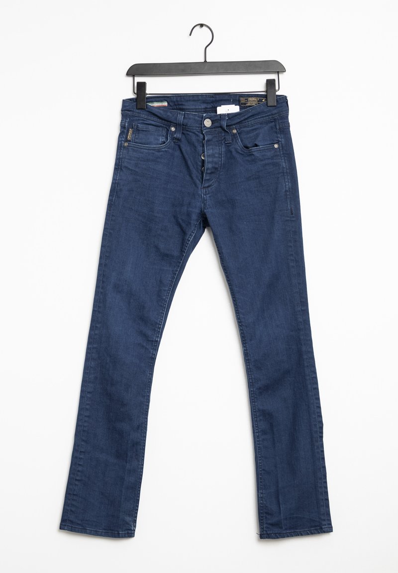 Mörkblå denimjeans med rak bendesign, försedda med knappstängning fram, fem fickor och en slät yta.