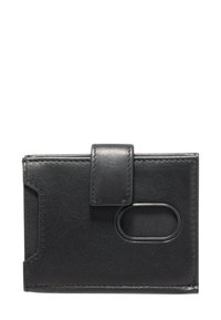 Schwarze Lederbrieftasche mit glatter Oberfläche, ausgestattet mit einem Druckverschluss und einem runden Ausschnitt. Einfaches Design mit sichtbaren Nähakzenten.