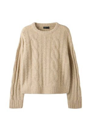 Pull en maille beige avec motifs torsadés, manches longues, poignets et ourlet côtelés, et encolure ronde.