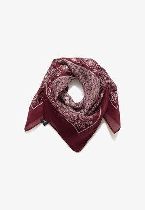Sciarpa bordeaux realizzata in tessuto leggero, con motivi paisley bianchi e bordo decorativo. Forma triangolare con etichetta.