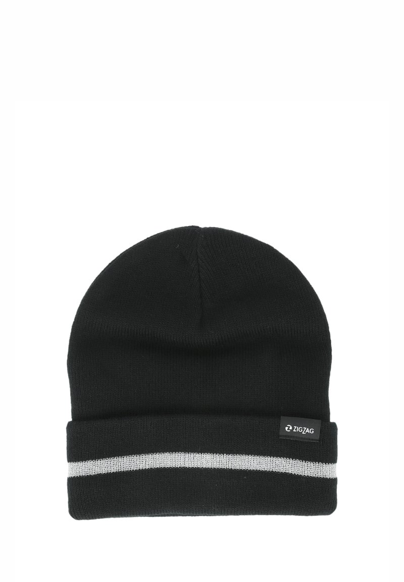 Schwarze Strickmütze mit umgeschlagenem Bund, die einen weißen horizontalen Streifen und ein kleines Etikett mit der Aufschrift "ZIGZAG" an der Seite hat.