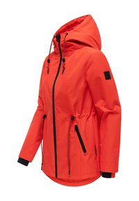 Feloranje waterdichte jas met capuchon, zwarte rits, verstelbare trekkoorden bij taille en capuchon, en met ritssluitingen aan de zijkanten.