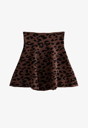 Bruine uitlopende rok met zwarte luipaardprint, gemaakt van een getextureerde stof. De tailleband is aansluitend, waarbij de uitlopende zoom wordt benadrukt.