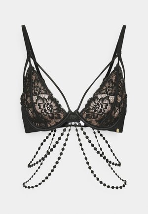 Black lace bra featuring floral patterns, a triangular shape, and decorative chain accents. Adjustable straps and a smooth underband.