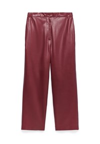 Burgunderfarbene, weite Hose aus Kunstleder mit hoher Taille, vorderem Knopfverschluss und glatter, glänzender Textur. Keine Taschen.