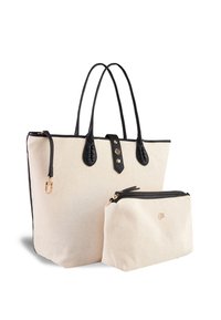 Sac fourre-tout en toile avec des accents en cuir noir, doté de deux poignées et d'une pochette zippée assortie amovible. Couleur beige neutre.
