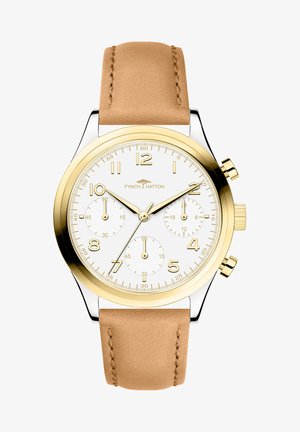 Montre chronographe avec un cadran blanc, lunette dorée et bracelet en cuir tan. Dispose de trois sous-cadrans et d'index horaires proéminents.