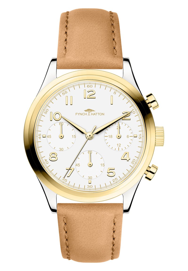 Chronograaf horloge met een witte wijzerplaat, goudkleurige bezel en een tan leren band. Beschikt over drie sub-dials en opvallende uurmerkers.