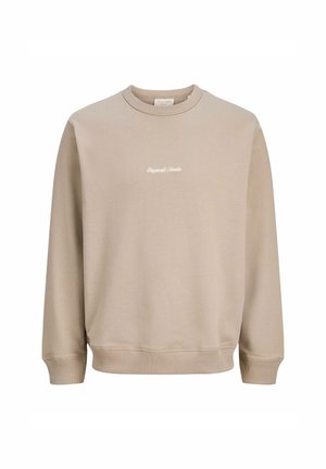Beige sweatshirt med rund halsudskæring, lange ærmer og ribbede manchetter. Har et minimalistisk hvidt logo på brystet. Glat stofstruktur.