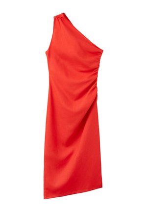 Vestido rojo hasta la rodilla con una tira en el hombro y detalle fruncido en el lateral, hecho de tela lisa.
