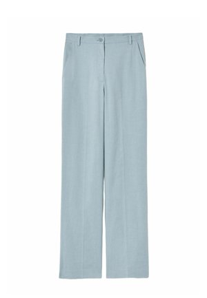 Pantalon large taille haute bleu clair avec boutons à l'avant, fermeture éclair et poches latérales, présenté sur un fond blanc.