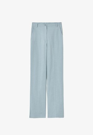 Pantalones anchos de tiro alto en azul claro con botón frontal, cierre de cremallera y bolsillos laterales, mostrados sobre un fondo blanco.