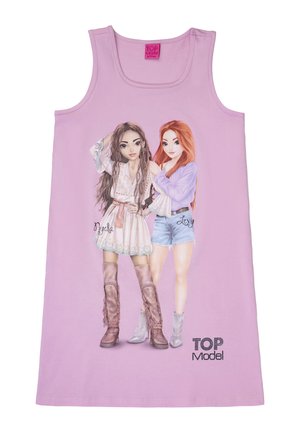 Vestito senza maniche color lilla chiaro con due ragazze illustrate, una con un vestito bianco e stivali, l'altra con una maglia viola e pantaloncini di jeans.
