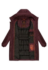 Burgundy parka with black interior, featuring orange accents, quilted texture, and a logo tag. Includes a fur-lined collar and zipper closure.