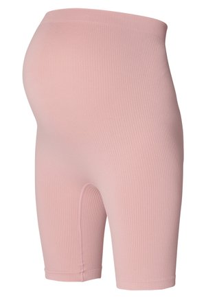 Helles rosa, geripptes Schwangerschaftsshorts, mit einem nahtlosen Design, in mittlerer Oberschenkel-Länge und dehnbarem Material für Komfort während der Schwangerschaft.