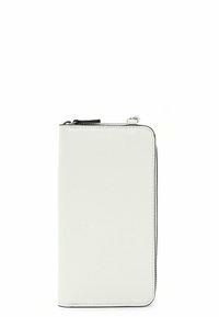 Biały portfel na zamek błyskawiczny, wykonany z gładkiej skóry, z czarnym akcentem suwaka. Prostokątny kształt, z przeszytymi brzegami i smukłym profilem.