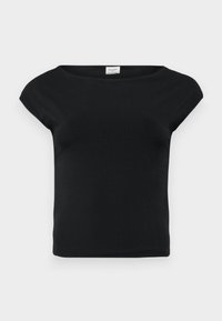 Fekete, rövid ujjú felső, széles nyakkivágással, sima anyagból készült. Kihangsúlyozott szabású és minimalista design jellemzi.