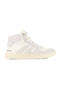 Basket haute en suède crème et gris clair avec des lacets blancs, semelle en caoutchouc et logo Palladium sur le talon et la languette.