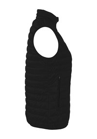 Schwarze ärmellose Weste mit gestepptem Muster, hohem Kragen und Seitentasche mit Reißverschluss; leichtes, isoliertes Design für Wärme.