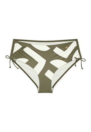 Olive green bikini bottom with white geometric pattern, featuring adjustable side ties and gathered detail at the waist. Smooth texture.