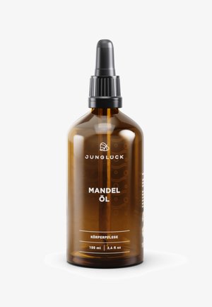 Brown glass dropper bottle with a black dropper top. Label reads "JUNGGLÜCK MANDEL ÖL KÖRPERPFLEGE 100 ml 3.4 fl oz" in white text.