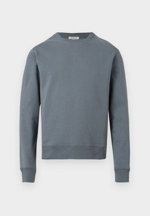 Sweatshirt bărbătesc cu mâneci lungi și gât rotund, în albastru-gri șters, cu manșete și tiv striate, logo mic de brand la centrul pieptului.