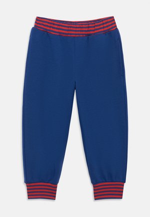 Zili sporta bikses ar sarkanu un tumši zilu svītru elastīgu jostu un piedurknēm, ar sānu kabatām.