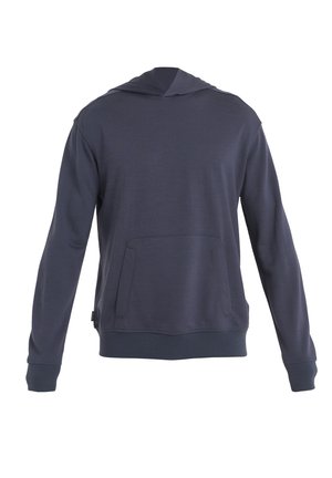 Navy blue huppari, jossa on pitkät hihat, kengurutasku, ribbattu hihansuu ja helma, sileä pinta ja minimalistinen muotoilu.