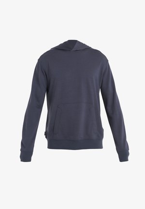 Mörkblå huvtröja med lång ärm, en känguruficka, ribbade muddar och nederkant, med en slät textur och minimalistisk design.