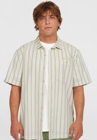 Short-sleeve, light green and white striped shirt with a button front, pocket on the left chest, and soft fabric texture.