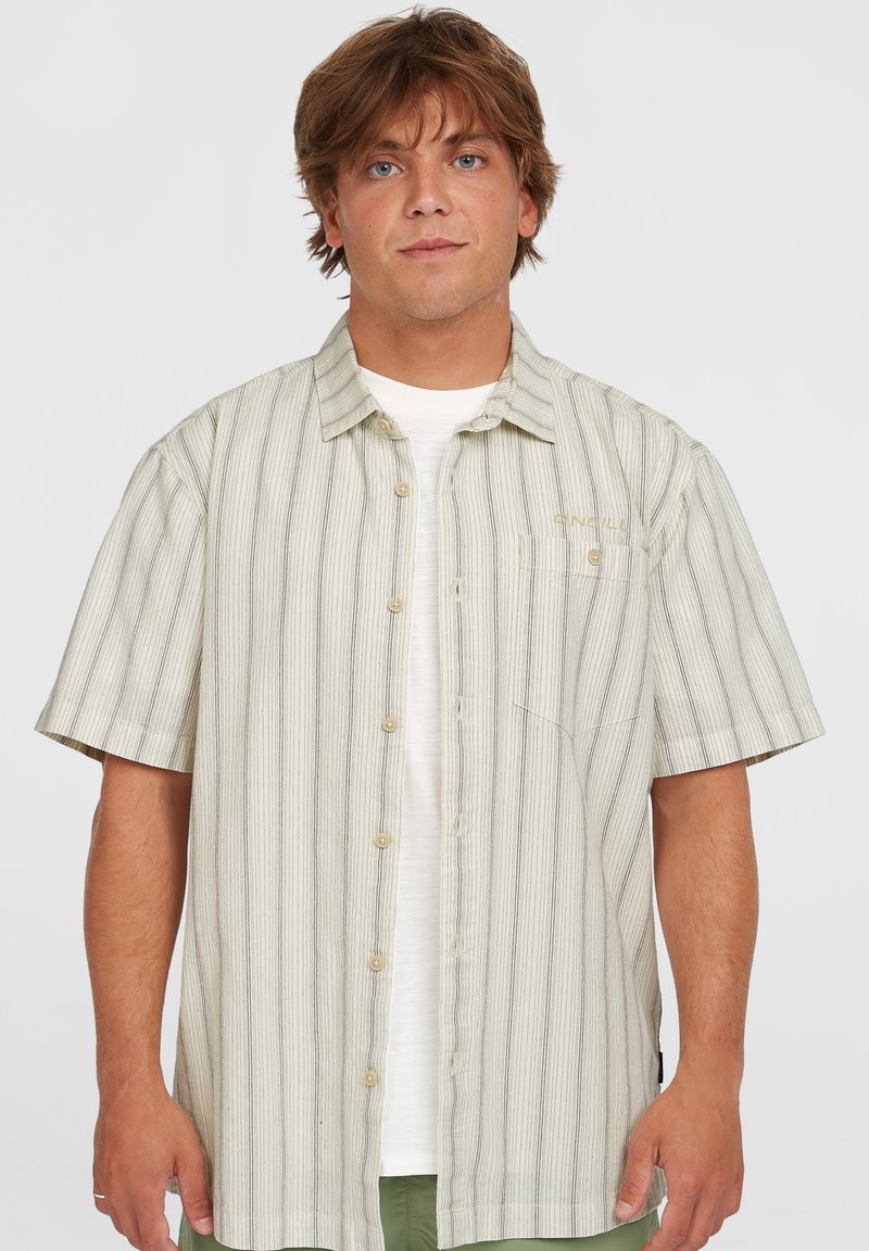 Short-sleeve, light green and white striped shirt with a button front, pocket on the left chest, and soft fabric texture.