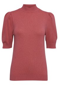 Kortärmad topp i en dämpad rosafärg, med hög hals, ribbad textur och puffärmar. Tillverkad av mjukt stickat tyg.