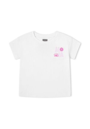 Camiseta blanca de manga corta para niño pequeño con gráfico de flores rosas y sol, y texto parcialmente visible en la parte superior izquierda del pecho.