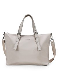 Bolso tote beige con dos asas superiores y una correa de hombro desmontable. Fabricado con un material texturizado que presenta detalles metálicos y un cierre con cremallera.