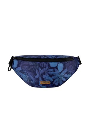 Blue floral patterned fabric waist bag with black zipper and adjustable strap, featuring a small brown leather label with brand name.