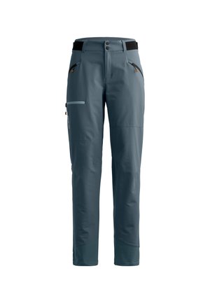 Graue Outdoor-Hosen aus Softshell-Material. Verfügen über zwei seitliche Reißverschlusstaschen und einen elastischen Bund mit einem schwarzen Akzent.