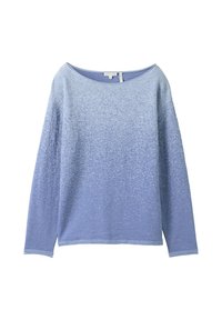 Blauer Baumwollpullover mit weicher Textur, der ein Farbverlaufsdesign von helleren zu dunkleren Blautönen aufweist und einen weiten Ausschnitt hat. Lange Ärmel.