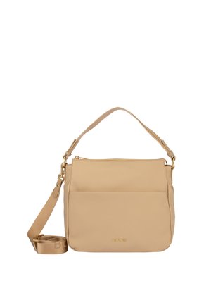 Bež usnjena torba za čez ramo z dodatki v zlati barvi, zgornjim zadrgo, sprednjim žepom, nastavljivim trakom ter logotipom "BOGNER" na sprednji strani.