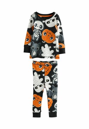 Pitkähihainen yöasu, jossa on musta kangas ja värikkäitä halloween-teemaisia kuvioita, kuten luurankoja, kurpitsoja ja muumia.