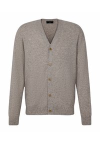 Szary dzianinowy kardigan z dekoltem w serek, sześcioma drewnianymi guzikami oraz prążkowanymi mankietami. Wykonany z miękkiej, teksturowanej tkaniny o subtelnym wzorze.