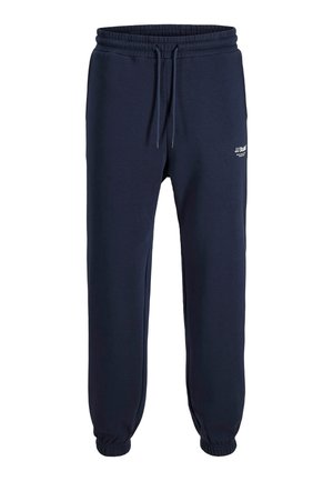 Navy blue joggers made of soft cotton blend. Elastic waistband with drawstring, cuffed ankles, and small logo detail on the side.