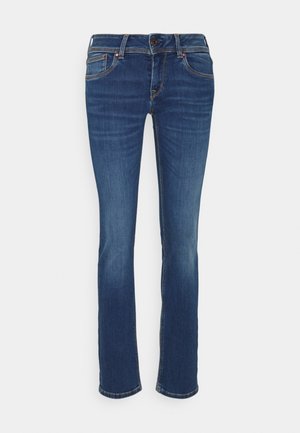 Niebieskie dżinsy z denimu o średnim stanie, zapinane na guzik i zamek błyskawiczny, z pięcioma kieszeniami i prostymi nogawkami.