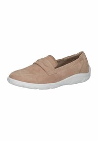 Béžová semišová nazouvací bota s rounded špičkou, elastickými detaily a bílou gumovou podrážkou, s hladkým povrchem a minimalistickým designem.
