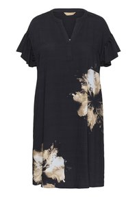 Schwarzes Kleid mit kurzen, gerüschten Ärmeln, V-Ausschnitt und einem beigen Blumenmuster auf einer Seite. Hergestellt aus leichtem, strukturiertem Stoff.