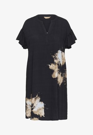 Rochie neagră cu mâneci scurte volan, decolteu în V și un model floral bej pe o parte. Realizată dintr-un material texturat ușor.